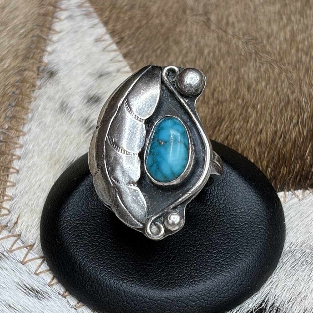 Vintage Native American Turquoise Sterling Silver Shadow Box Leaf Size 5.25